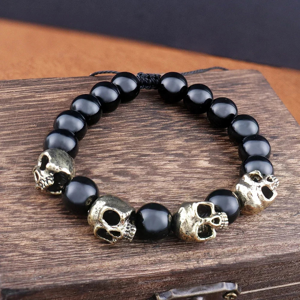 Trendy Agate Skull Bracelet Men's Vintage Adjustable Tiger's eye Bracelets Male Punk Hip Hop Charm Jewelry
