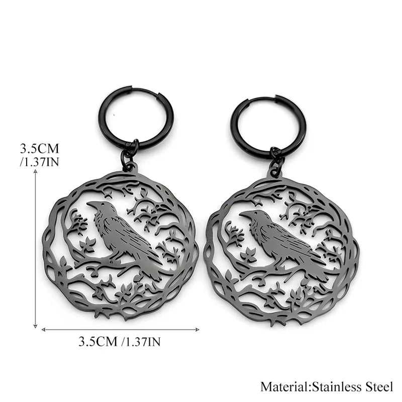 Tree Of Life Steel Earrings Gothic Crow Bird Dangle