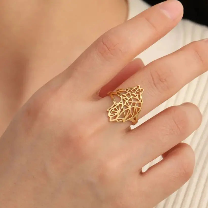 Teamer Hollow Cute Wolf Stainless Steel Ring for Women Men Open Wide Vintage Geometric Animal Finger Ring Jewelry Gift Wholesale