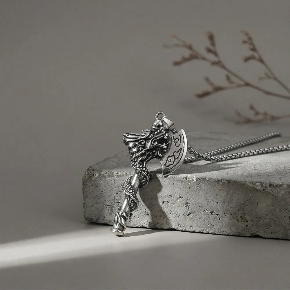 Silver Vintage Dragon Axe Pendant Necklace