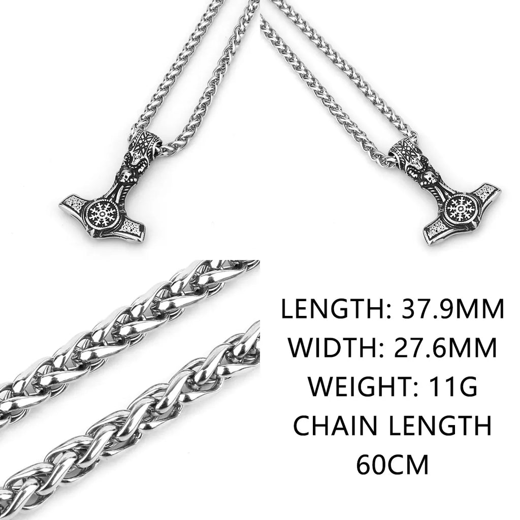 Viking Thor Hammer Skull Helmet Pendant Necklace