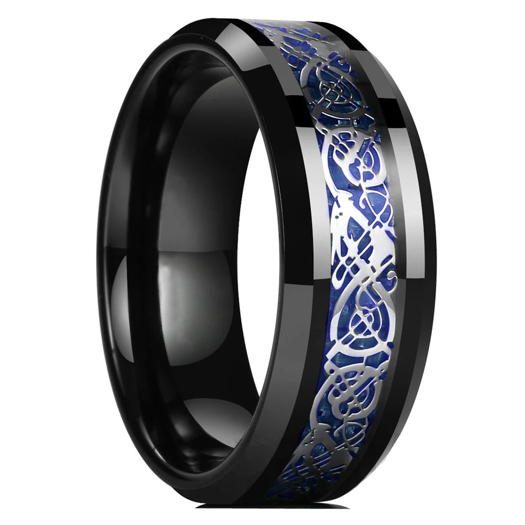 Fashion 8mm Stainless Steel Celtic Dragon Rings For Men Inlay Purple Carbon Fiber Rings Wedding Band Jewelry Birthday Gifts