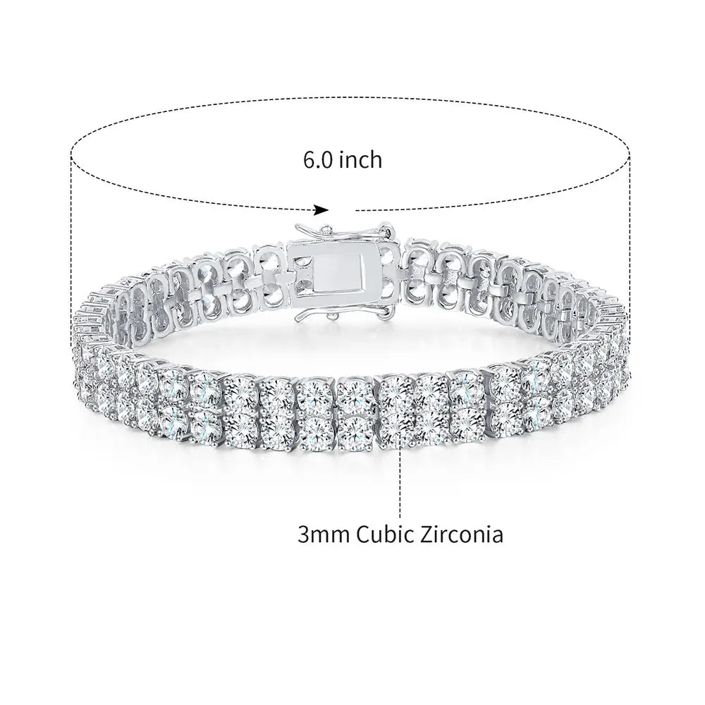 Nuoya Hot Selling 3MM Double Row Cubic Zirconia Tennis Bracelet Silver Gold Plated Wholesale Hip Hop Chain Jewelry
