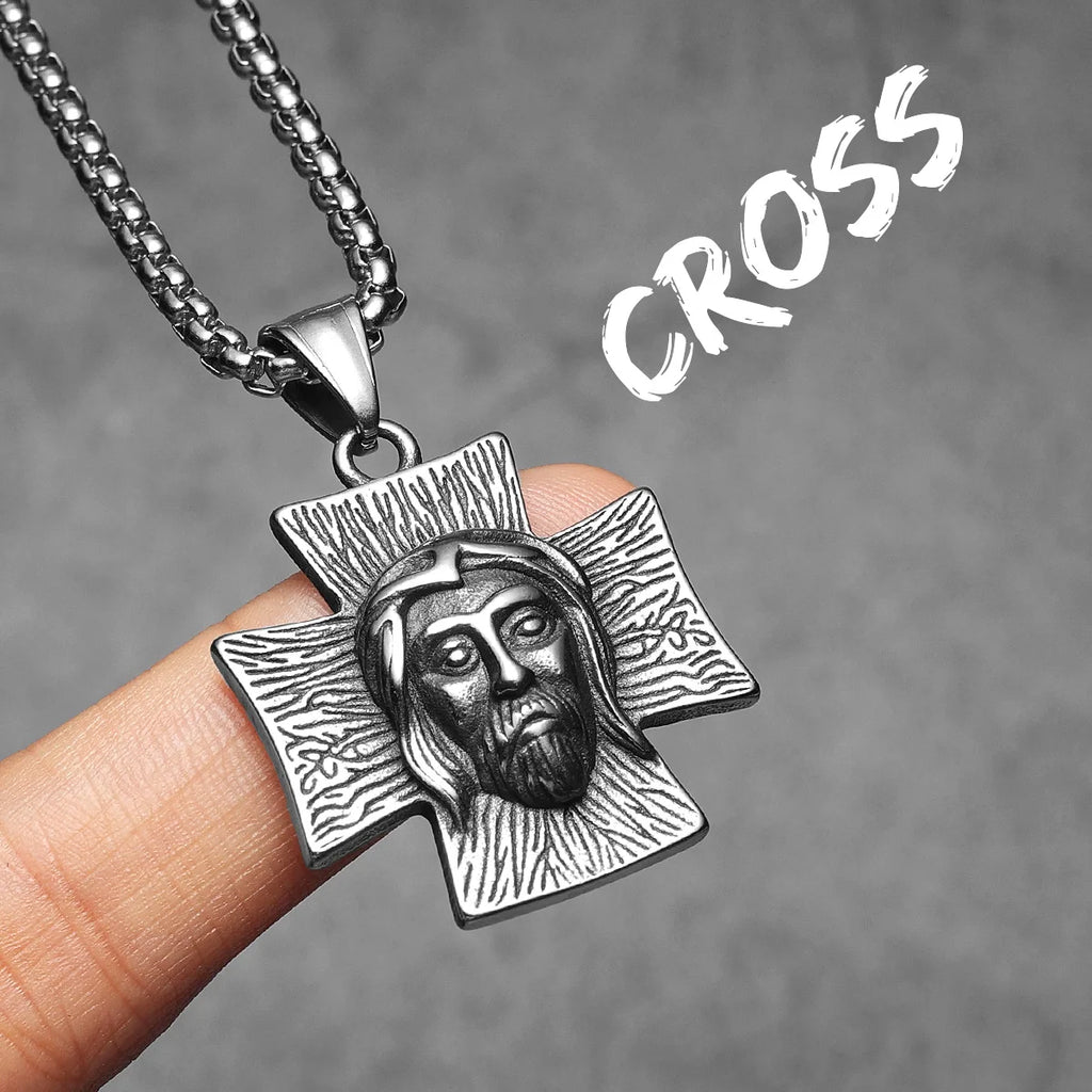 Jesus Face Cross Pendant Necklace for Men — Stainless Steel