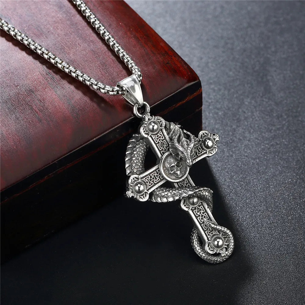 Silver Dragon Cross Pendant Necklace Box Chain