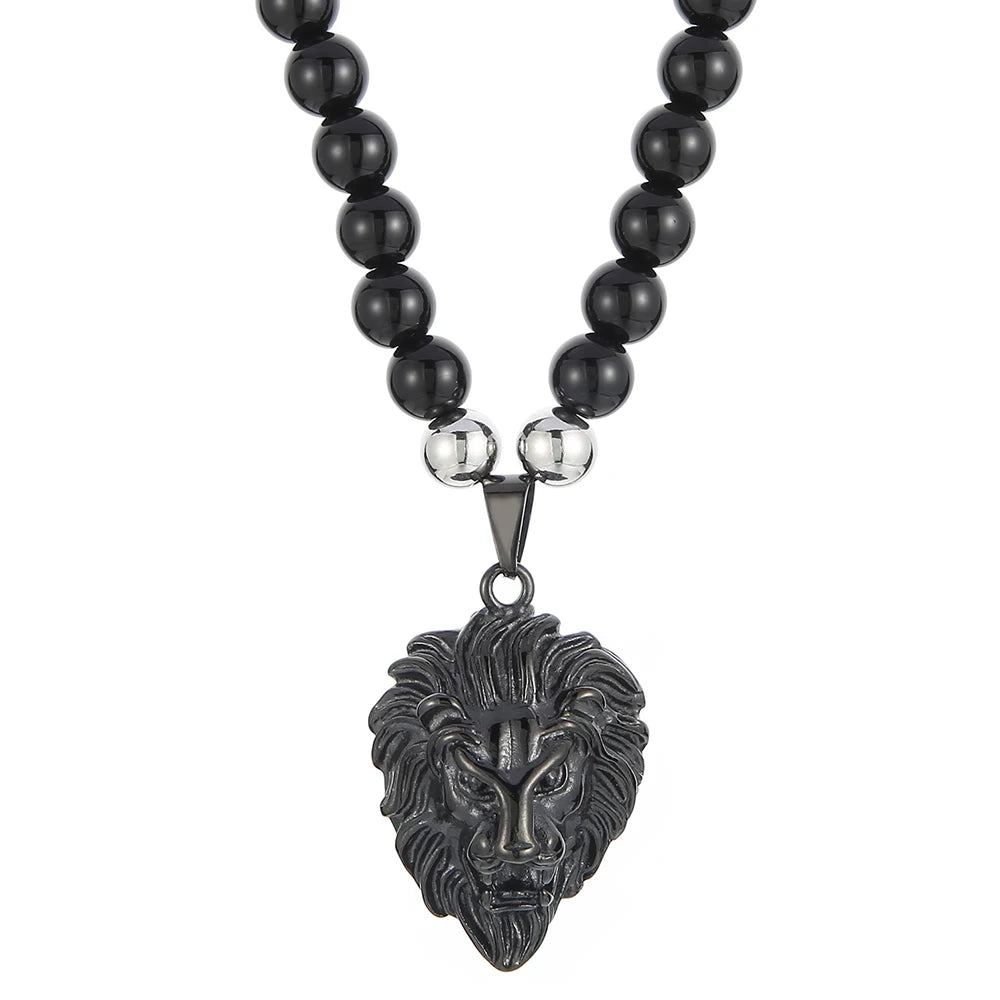 Steampunk Lion Head Pendant Necklace for Men With 66CM Agate Beads Chain Black Gold Color Hiphop Jewelry Bold Statement