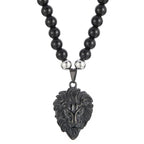 Steampunk Lion Head Pendant Necklace for Men With 66CM Agate Beads Chain Black Gold Color Hiphop Jewelry Bold Statement
