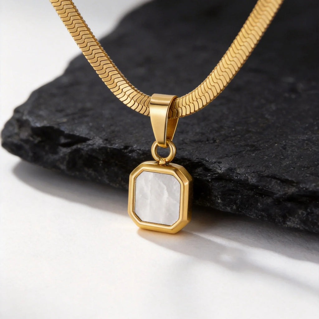 Vnox Geometric Square Natural Stone Pendant Necklace for Men, Gold Silver Color Stainless Steel Blade Chain, Trendy