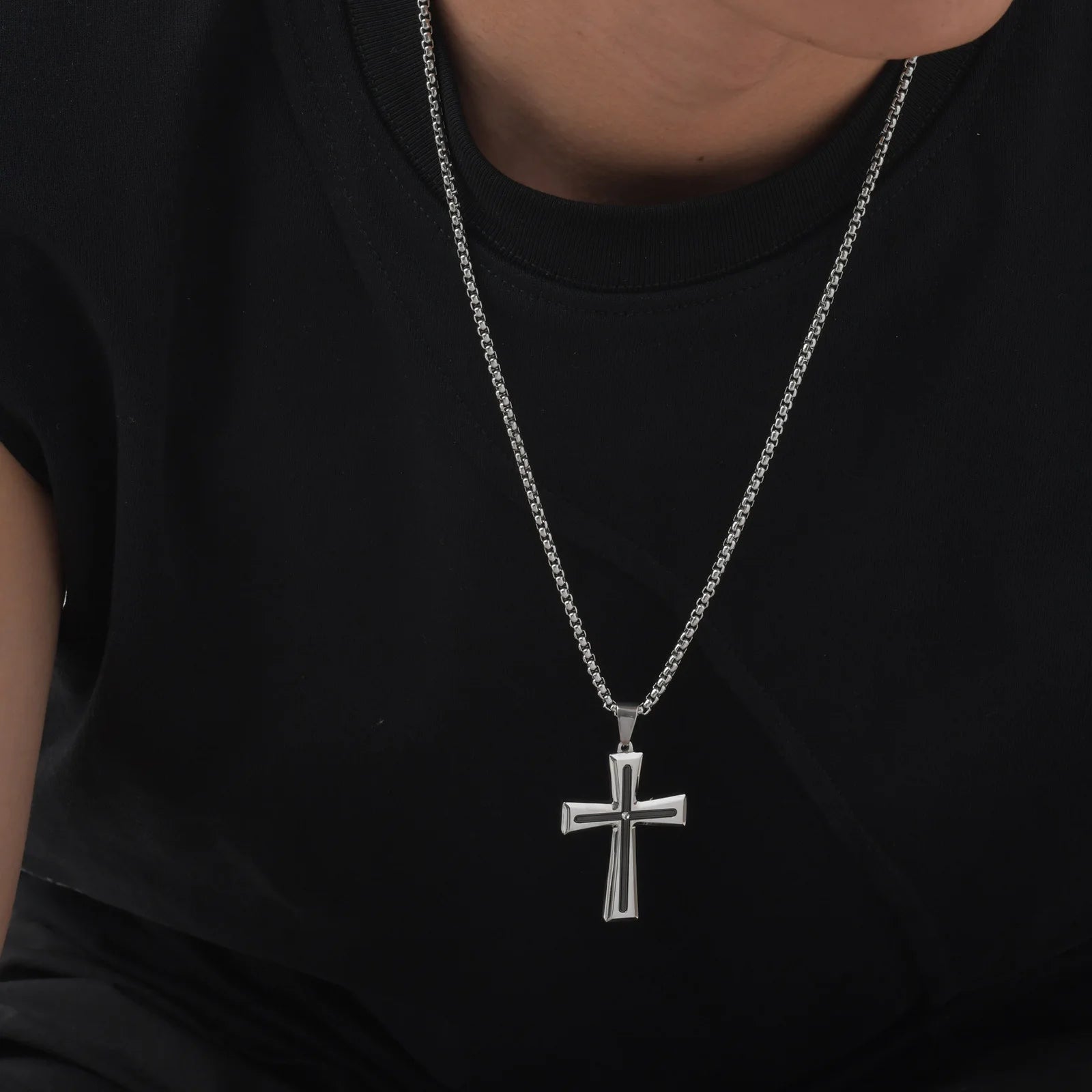 Vnox Cubic Zirconia Stone Centered Cross Necklaces for Men, Black Silver Color Stainless Steel Pendant,Religious Accessory Gift