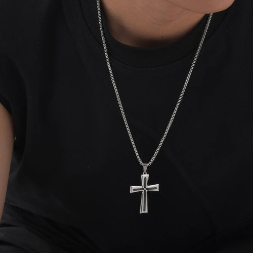 Vnox Cubic Zirconia Stone Centered Cross Necklaces for Men, Black Silver Color Stainless Steel Pendant,Religious