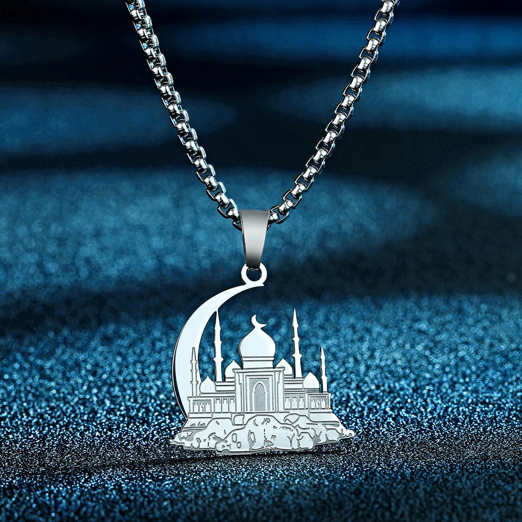 Islamic Mosque Crescent Moon Pendant Necklace — Stainless Steel