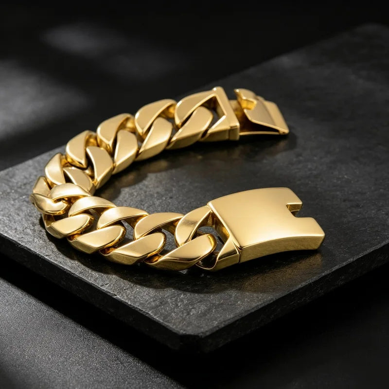 26mm Punk Rock Stainless Steel Rhombus Cuban MIami Link Chain Bracelets for Men Hip Hop Rock Jewelry Gold Color
