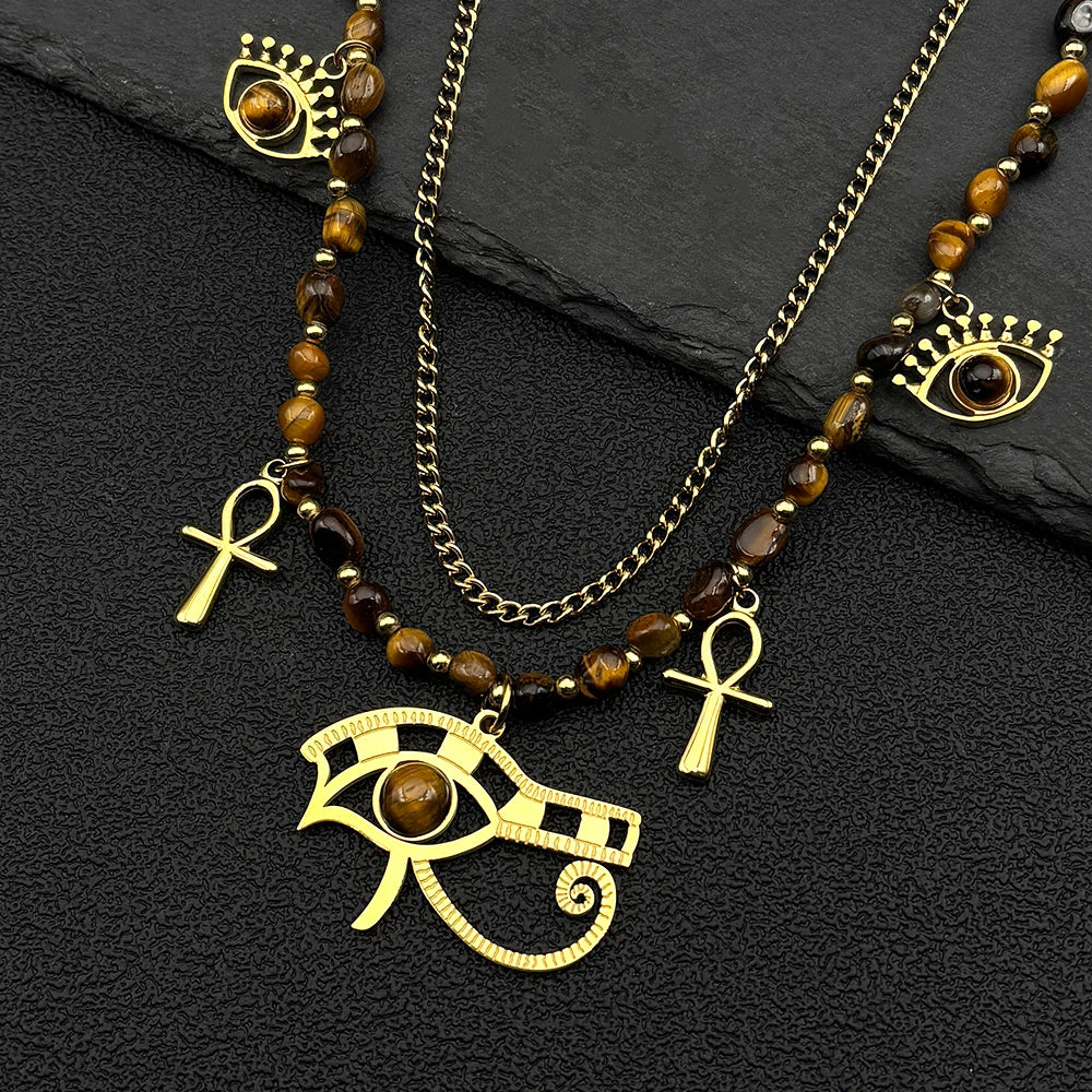 Boho Irregular Tiger Eye Stone Ankh Cross Eye of Horus Evil Eye Stainless Steel Double-layer Choker Necklace Gold Color