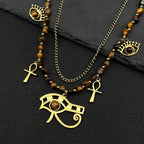Boho Irregular Tiger Eye Stone Ankh Cross Eye of Horus Evil Eye Stainless Steel Double-layer Choker Necklace Gold Color