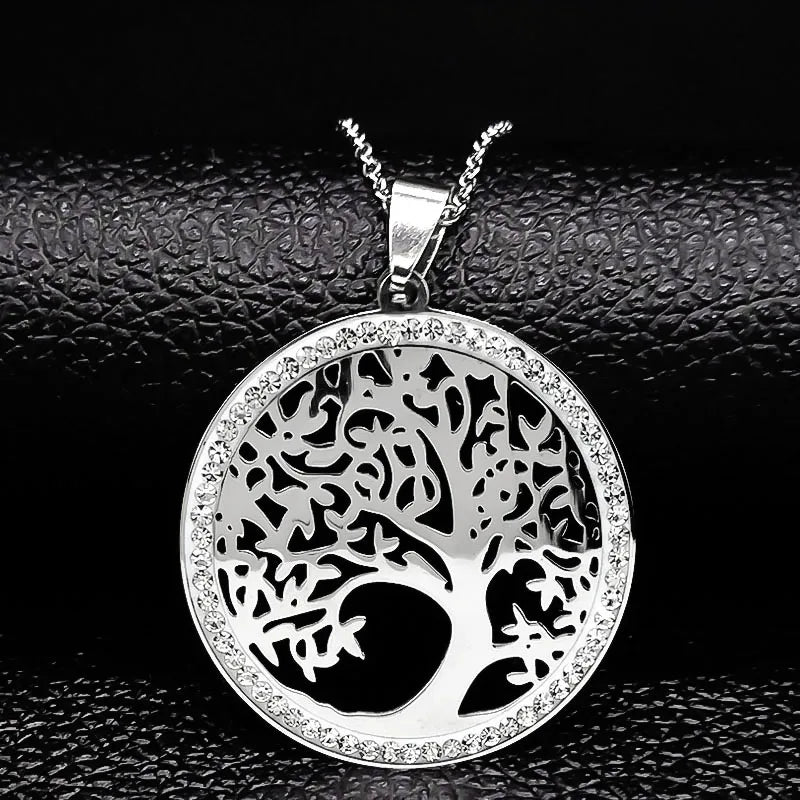 Iced Out Tree of Life Silver Necklace — Stainless Steel