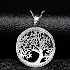 Iced Out Tree of Life Silver Necklace — Stainless Steel
