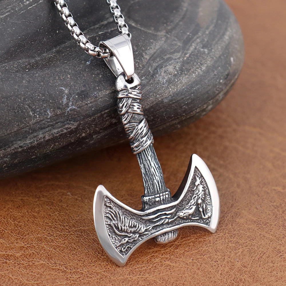 Stainless Steel Viking Double Axe Necklace Men's Vintage Nordic Wolf Axe Pendant Chain Scandinavian Party Jewelry Accessories