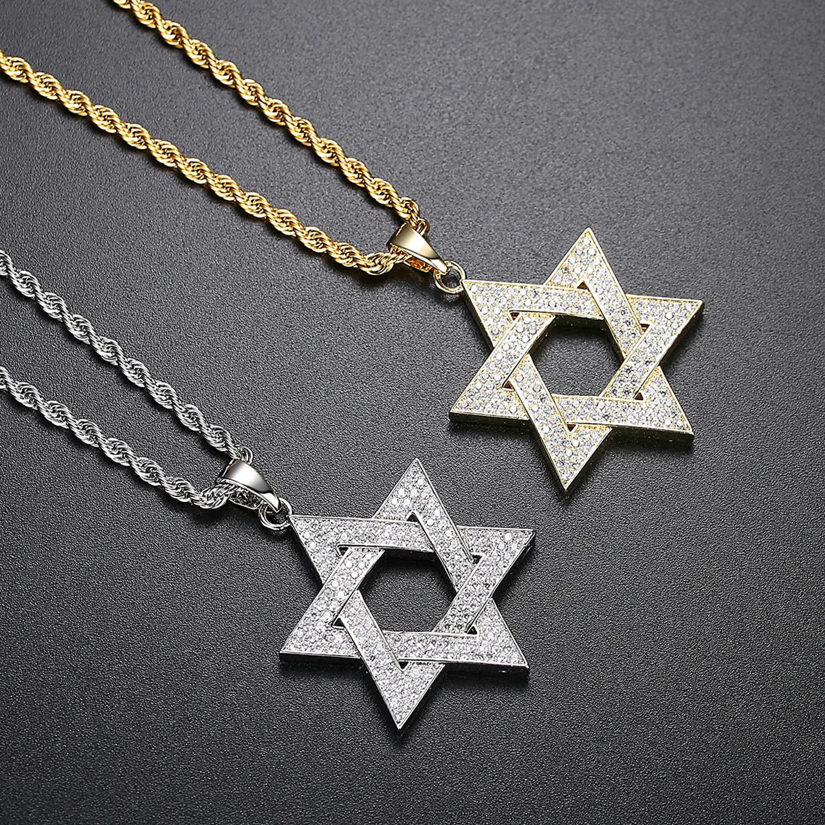 Iced Out Hexagram Pendant Necklace Stainless Steel