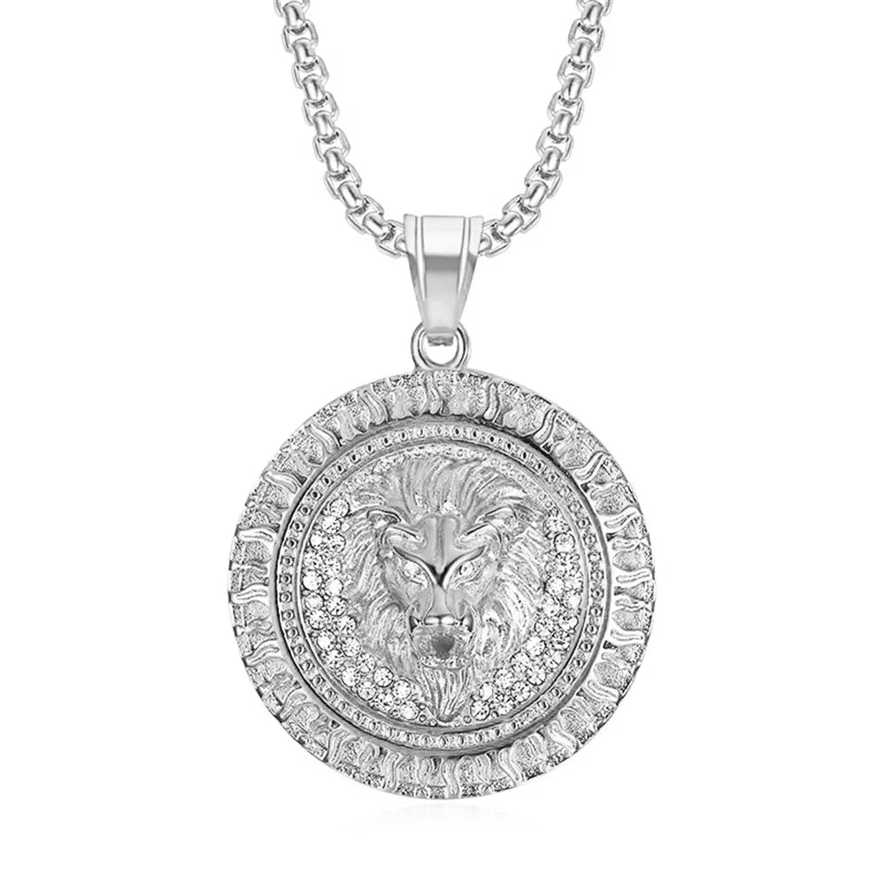 Iced Out Lion Head Round Pendant — Two-Tone