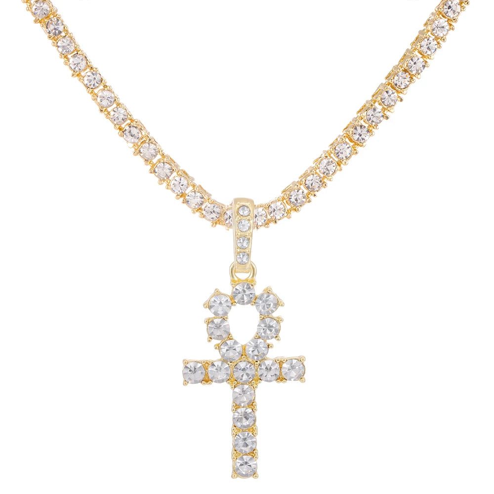 Iced Out Ankh Cross Pendant With 4mm Tennis Chain Necklace Good Luck Sparkling Hip Hop Creative Jewelry for Men Women Gift