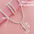 Buddhist Beads Chain Cross Pendant Necklace — Silver-Tone 6mm