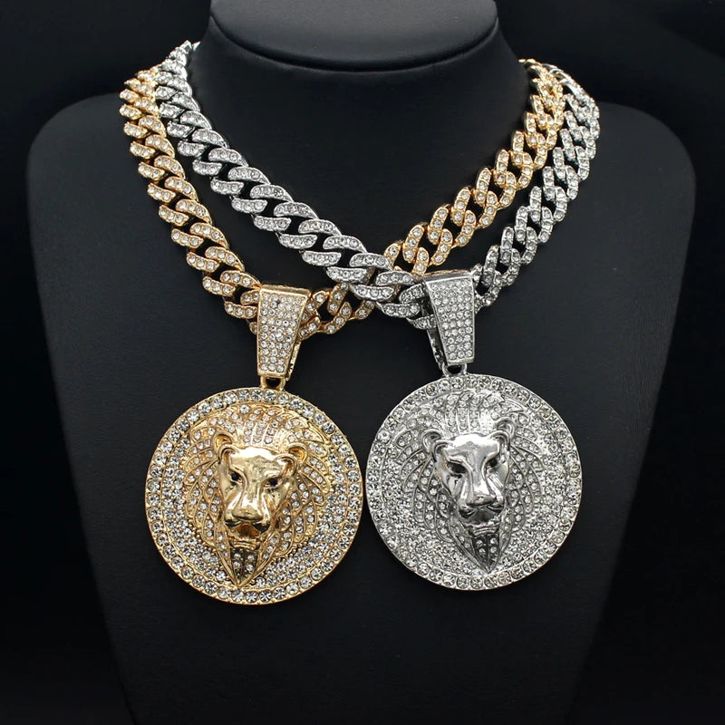 Hip Hop Big Lion Head Pendant Necklace Cuban Chain Necklace For Women Men Iced Out Full Rhinestone Necklace Jewelry