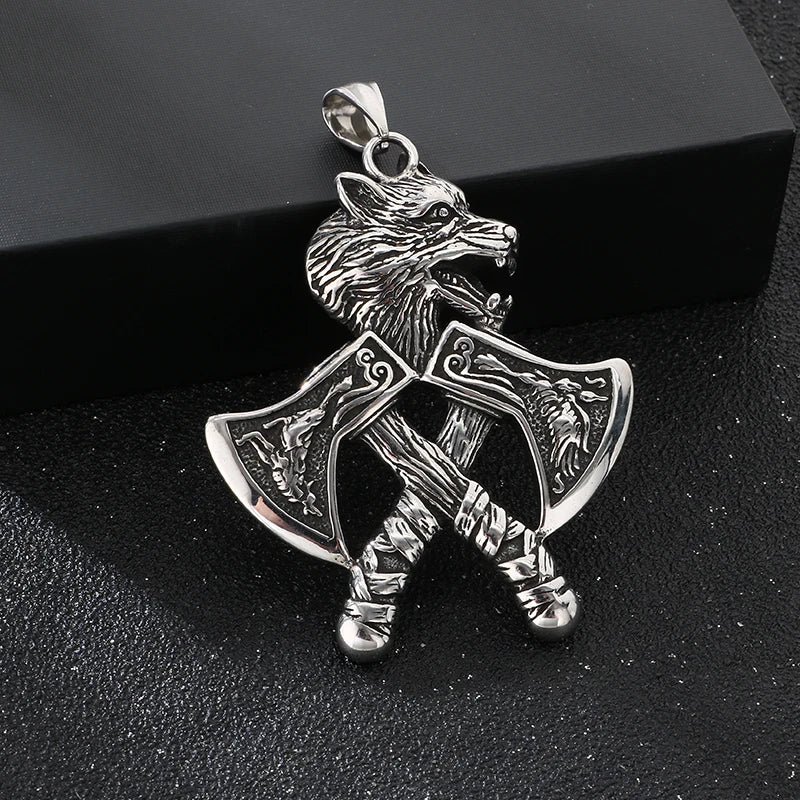 Trendy Retro Crow Prairie Wolf Double Sided Viking Tomahawk Pendant Necklace Charm Men's Necklace Metal Accessorie Party Jewelry