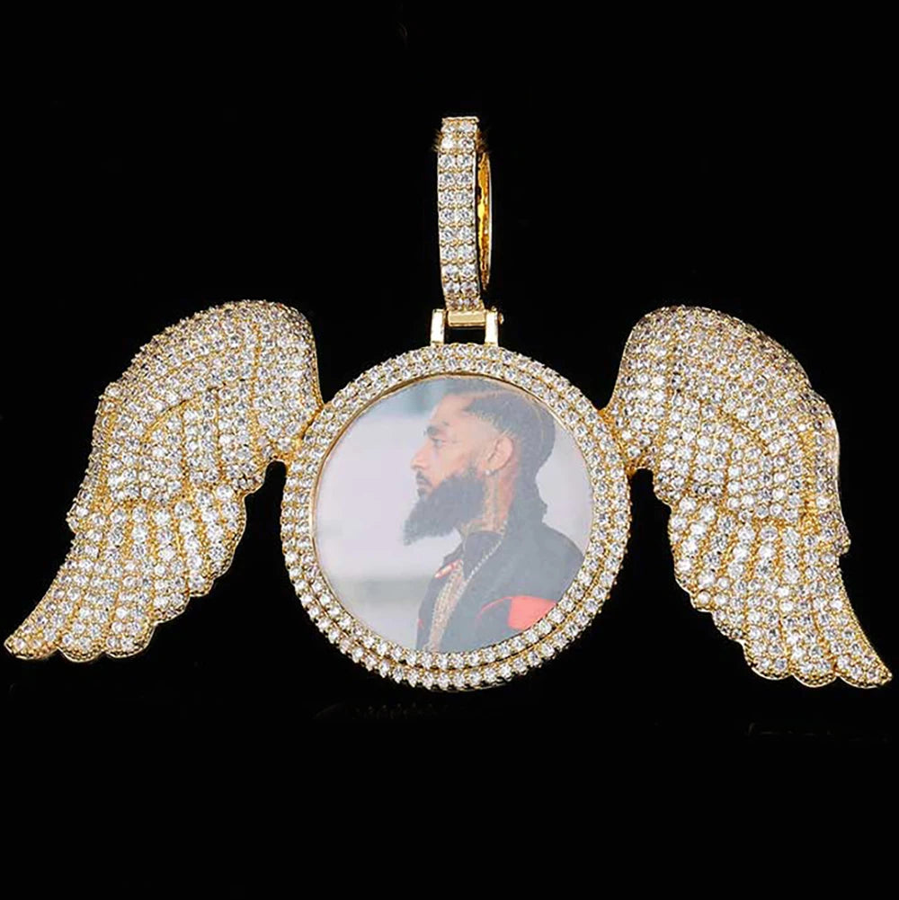Angel Wings Photo Pendant Necklace Iced Out
