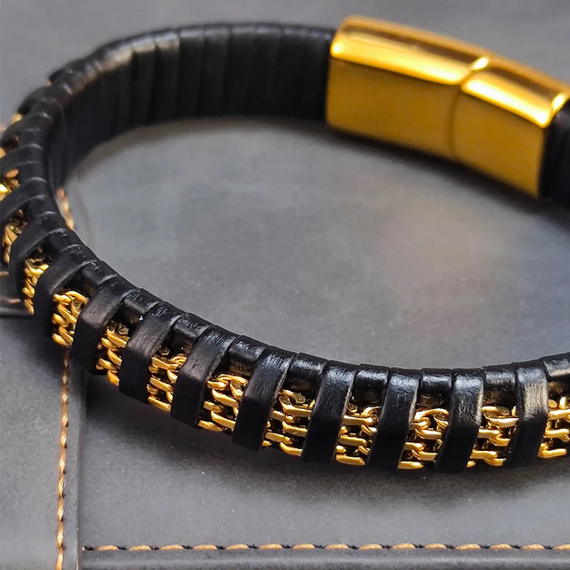 New Fashion 8mm Chain Curb Cuban Link Charm Leather Bracelets Men Stainless Steel Magnet Clasp Hand Bracelet Homme