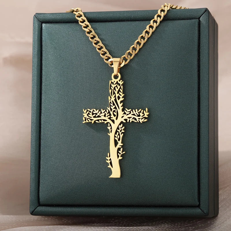 Stainless Steel Tree of Life Cross Necklaces for Women Gold Color Chain Necklace Aesthetic Collar Jewelry Accessories Gift