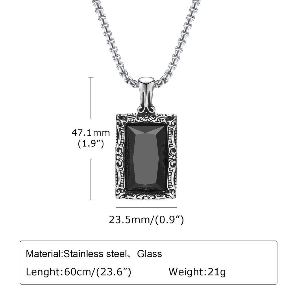 Vnox Black Square Stone Necklaces for Men, Retro Silver Color Stainless Steel Geometric Pendant Collar with Box Chain