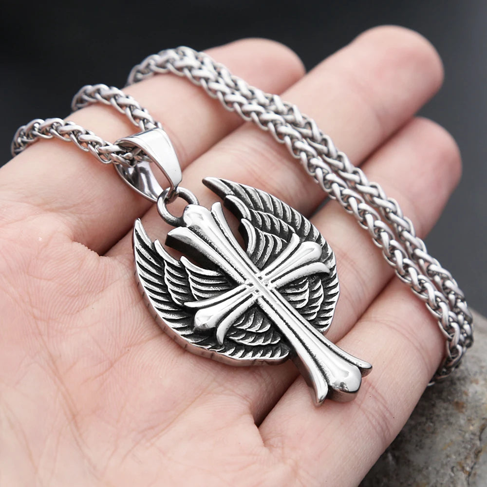 Cross Steel Pendant Vintage Punk Angel Wings Memorial