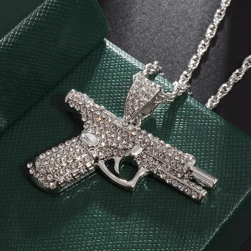 Silver Iced Out Pistol Pendant Necklace