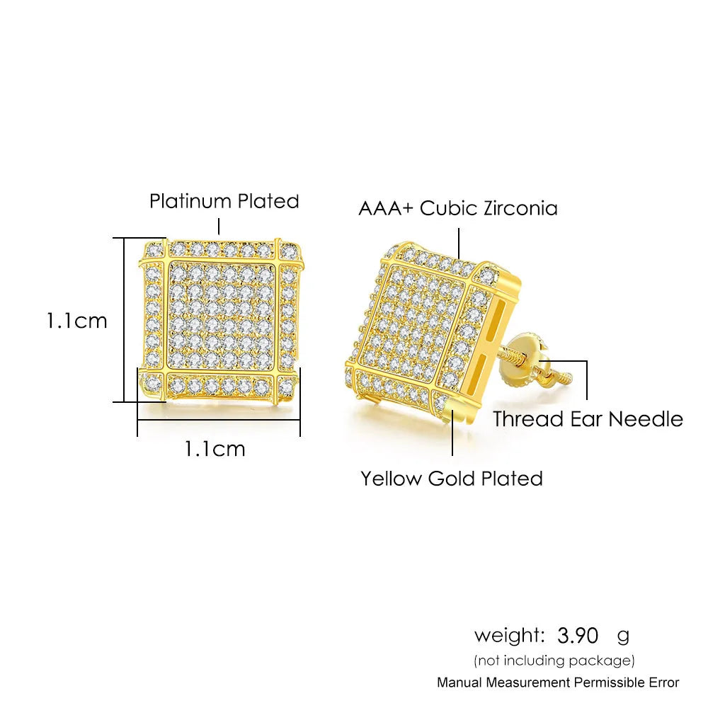 Iced Out Round Square Stud Earrings — Gold