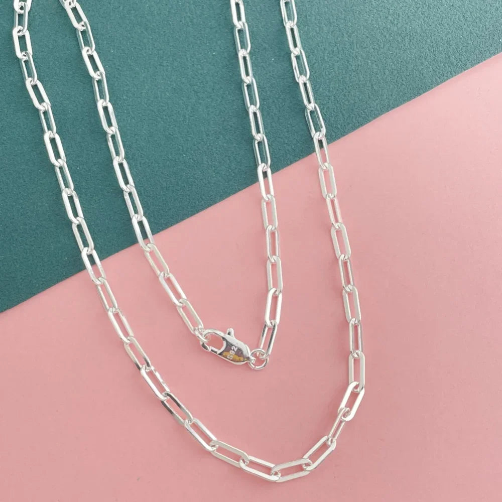 45-60cm 925 Sterling Silver 3mm Wide Paper Clip Necklace for Boys Girls Women Fine Jewelry Wedding Party