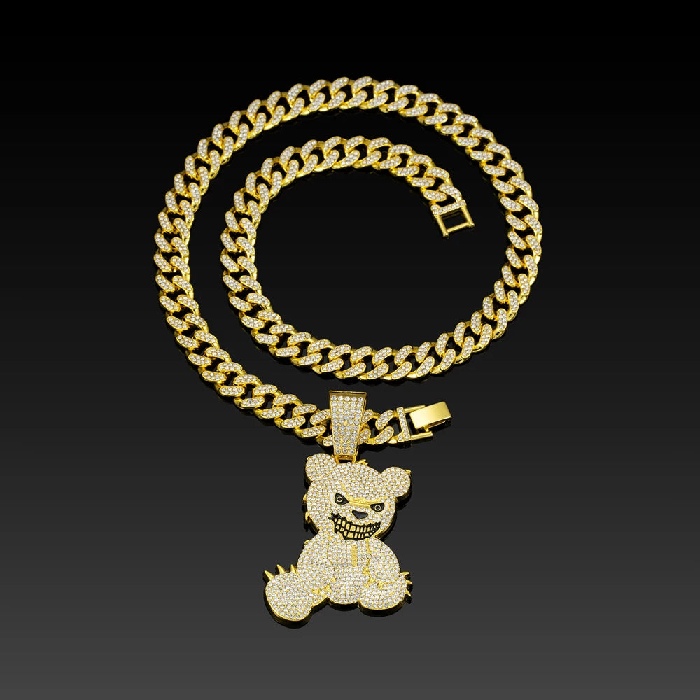 Men Women Hip Hop Bear Shape Pendant Necklace with 13mm Crystal Cuban Chain Iced Out Bling Bling Necklaces HipHop Punk