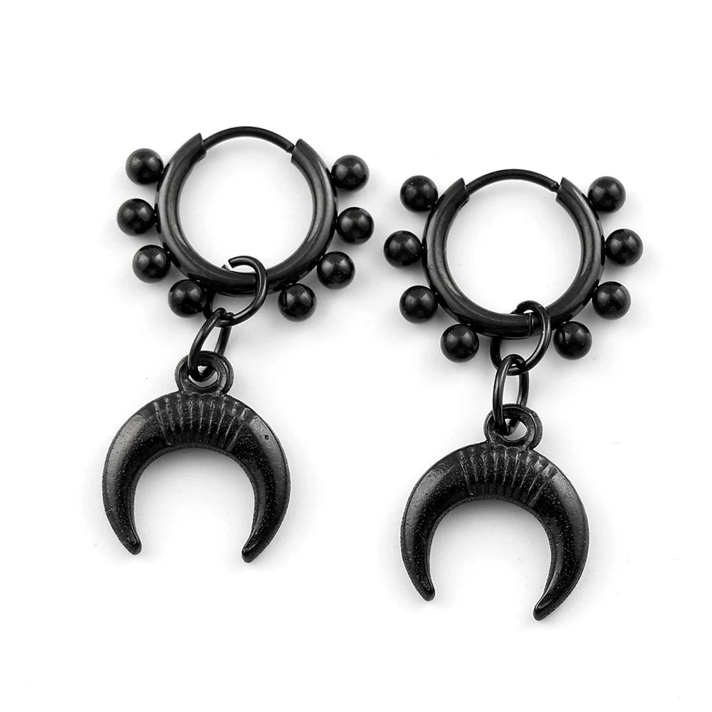 Punk Black Moon Star Hoop Earrings Gothic Crescent Dangle Stainless Steel Beaded Drop Earrings Men Women Hip Hop