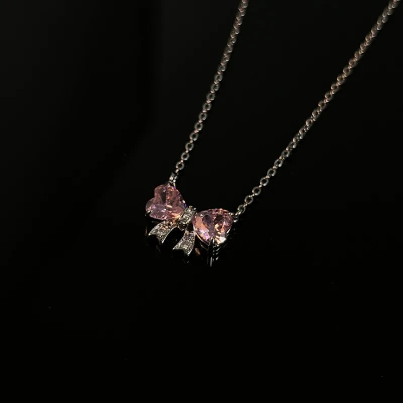 Pink Bow Zircon Clavicle Necklace — SS