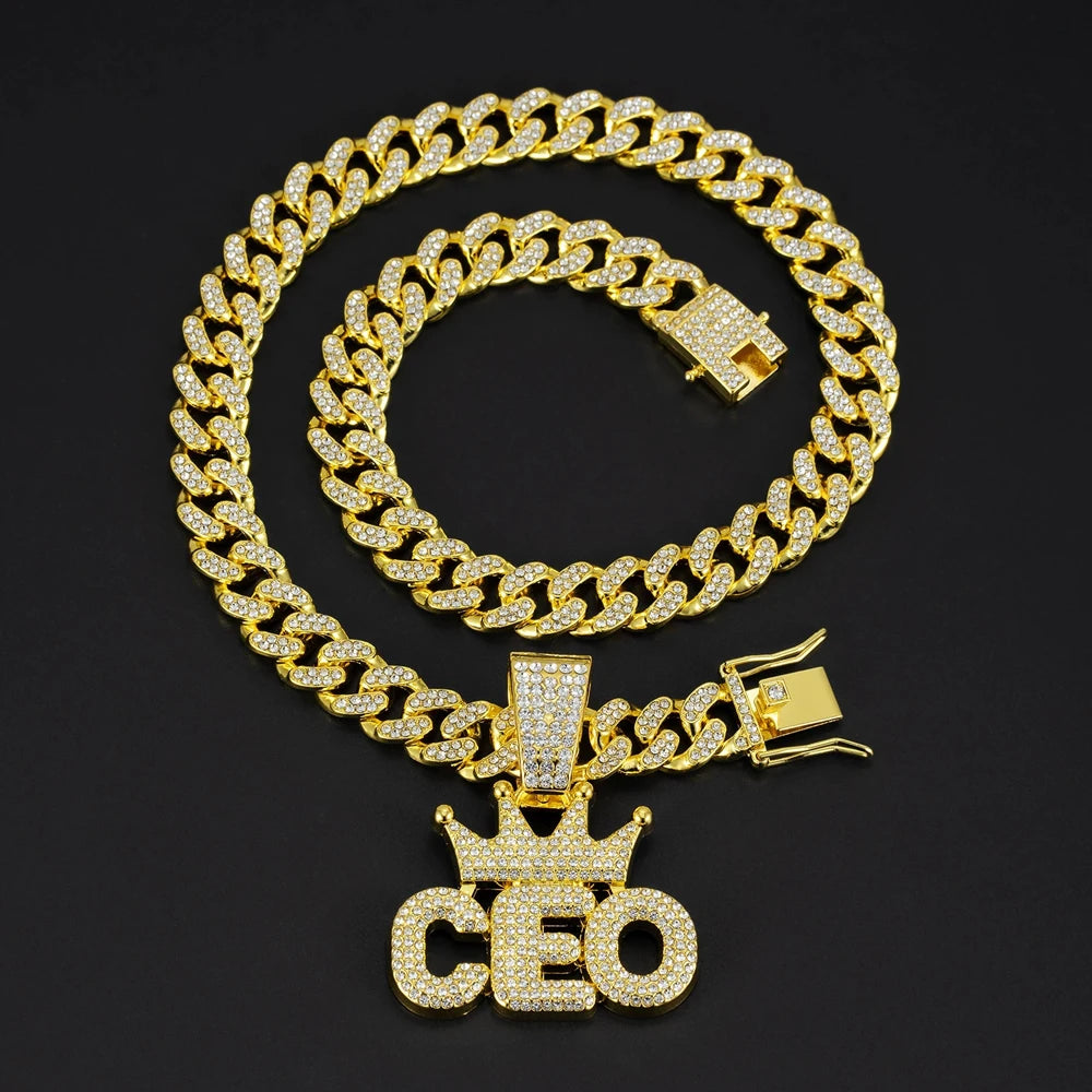 Iced Out Crown CEO Letter Pendant Cuban Link Chain Necklace