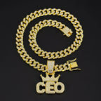 Iced Out Crown CEO Letter Pendant Cuban Link Chain Necklace