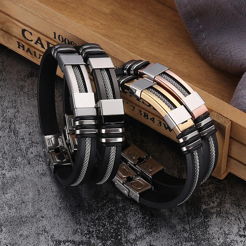 Fashion Stainless Steel Bracelets Men Wrist Band Black Grooved Rudder Silicone Mesh Link Insert Punk Wristband Casual