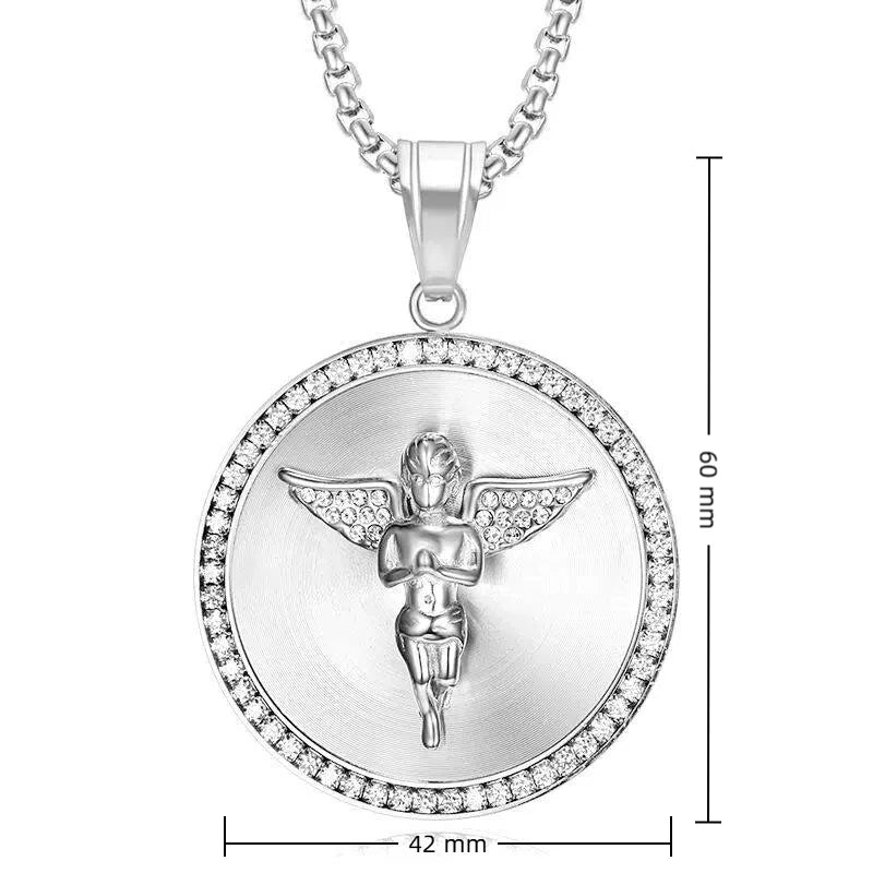 Iced Out Big Angel Round Pendant Necklace — Gold, Stainless Steel