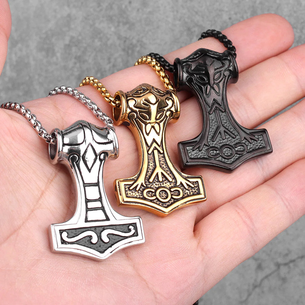 Stainless Steel Thor's Hammer Men Necklaces Pendants Chain Punk Trendy for Boyfriend Male Jewelry Creativity Gift