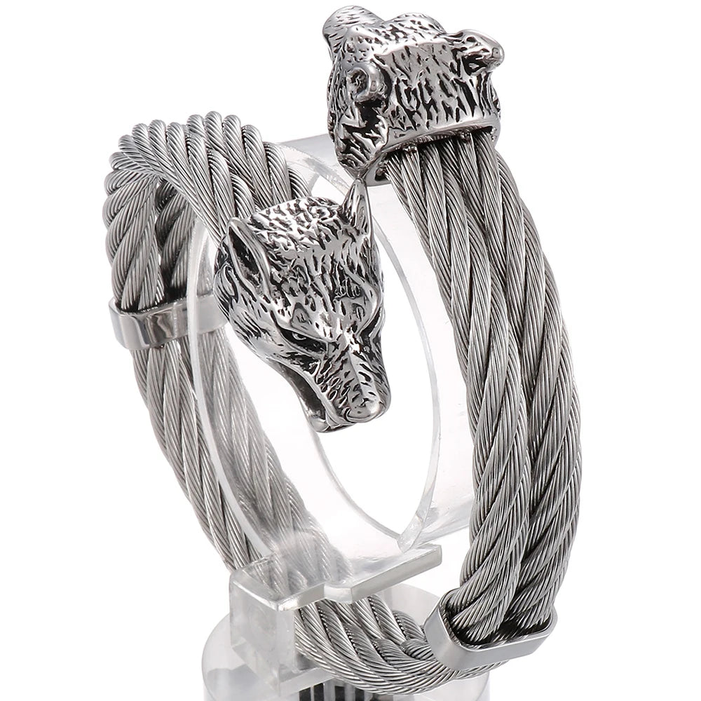 Viking Wolf Head Twisted Cable Open Cuff Bangle Bracelet For Men Stainless Steel Men's Bracelets Rock Roll Jewelry