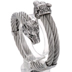 Viking Wolf Head Twisted Cable Open Cuff Bangle Bracelet For Men Stainless Steel Men's Bracelets Rock Roll Jewelry