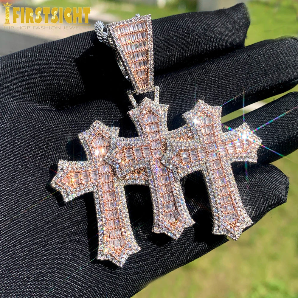 Iced Out Three Cross Pendant Necklace For Women Men Two Tone Silver Color Cubic Zirconia Tennis Chain Luxury Hip Hop Jewelry
