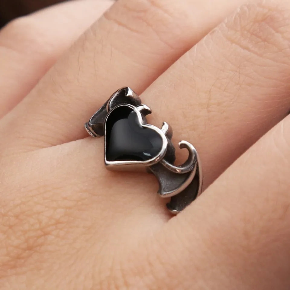 Heart Demon Black Ring Vintage Angel Wings Gothic