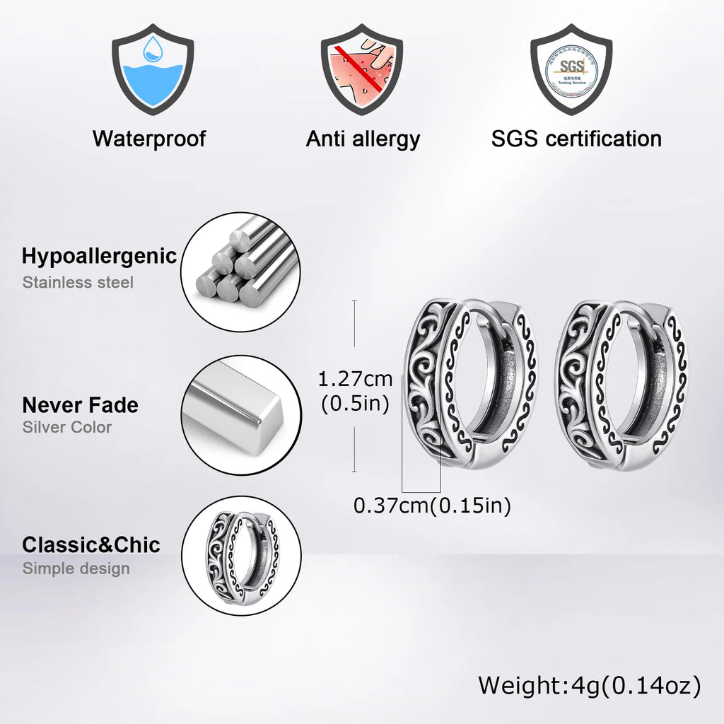 Punk Stainless Steel Hoop Earrings for Men Teens, Hypoallergenic Waterproof Small Huggies Earrings,Rock Hip Hop Cool