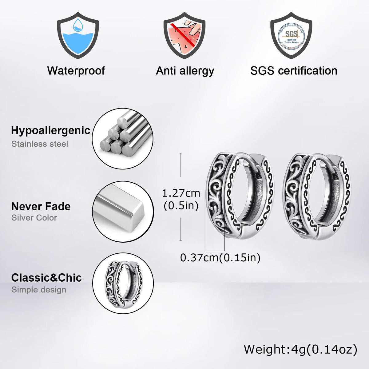 Punk Stainless Steel Hoop Earrings for Men Teens, Hypoallergenic Waterproof Small Huggies Earrings,Rock Hip Hop Cool