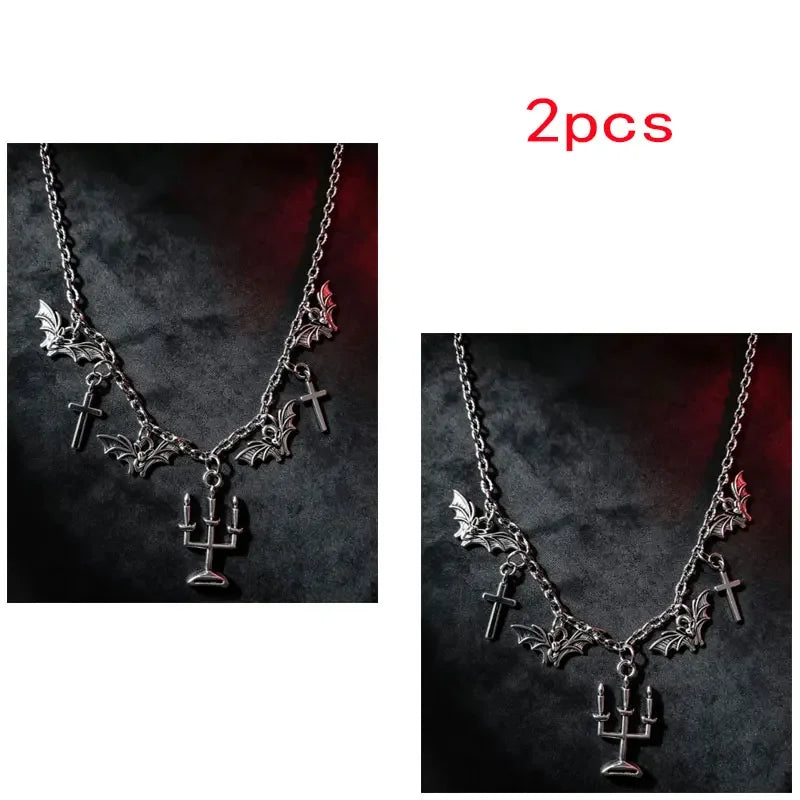 2027 Gothic Bat Cross Candelabra Pendant Necklace Dark Grunge Alloy Choker for Women Retro Halloween Party Alt